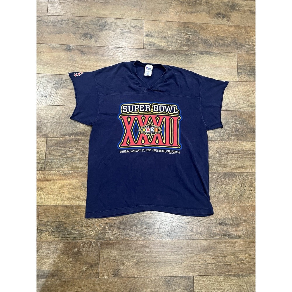 Vintage 1997 Denver Broncos Graphic Tee Super Bowl XXXII Shirt Navy Blue XL 90s